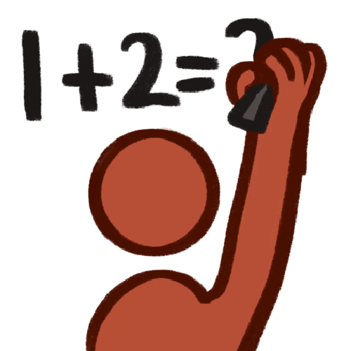 a red person with their back to the viewer. their right arm is stretched above their head and they are writing something. They have began to complete the equation 1+2